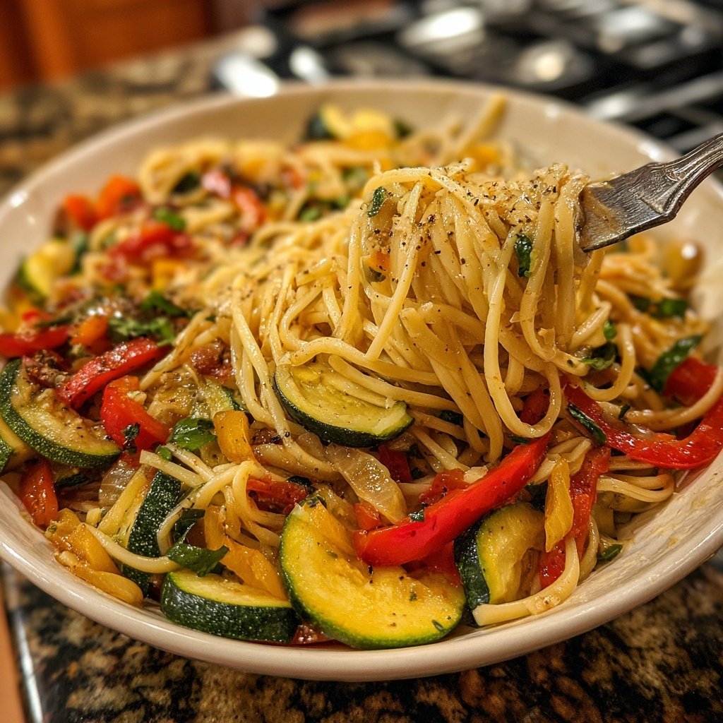 Mittagessen mit Gemüse und Nudeln