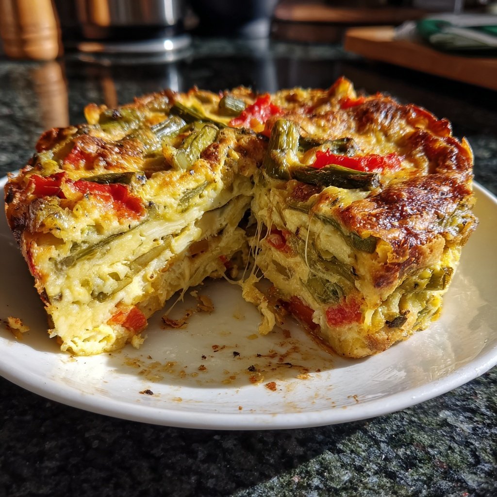 Vegetarischer Nudelauflauf mit grünem Spargel