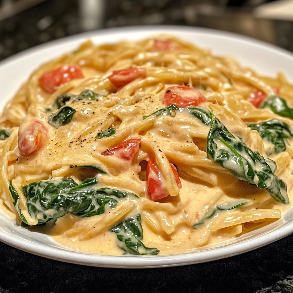 One-Pot Pasta mit Tomaten & Spinat